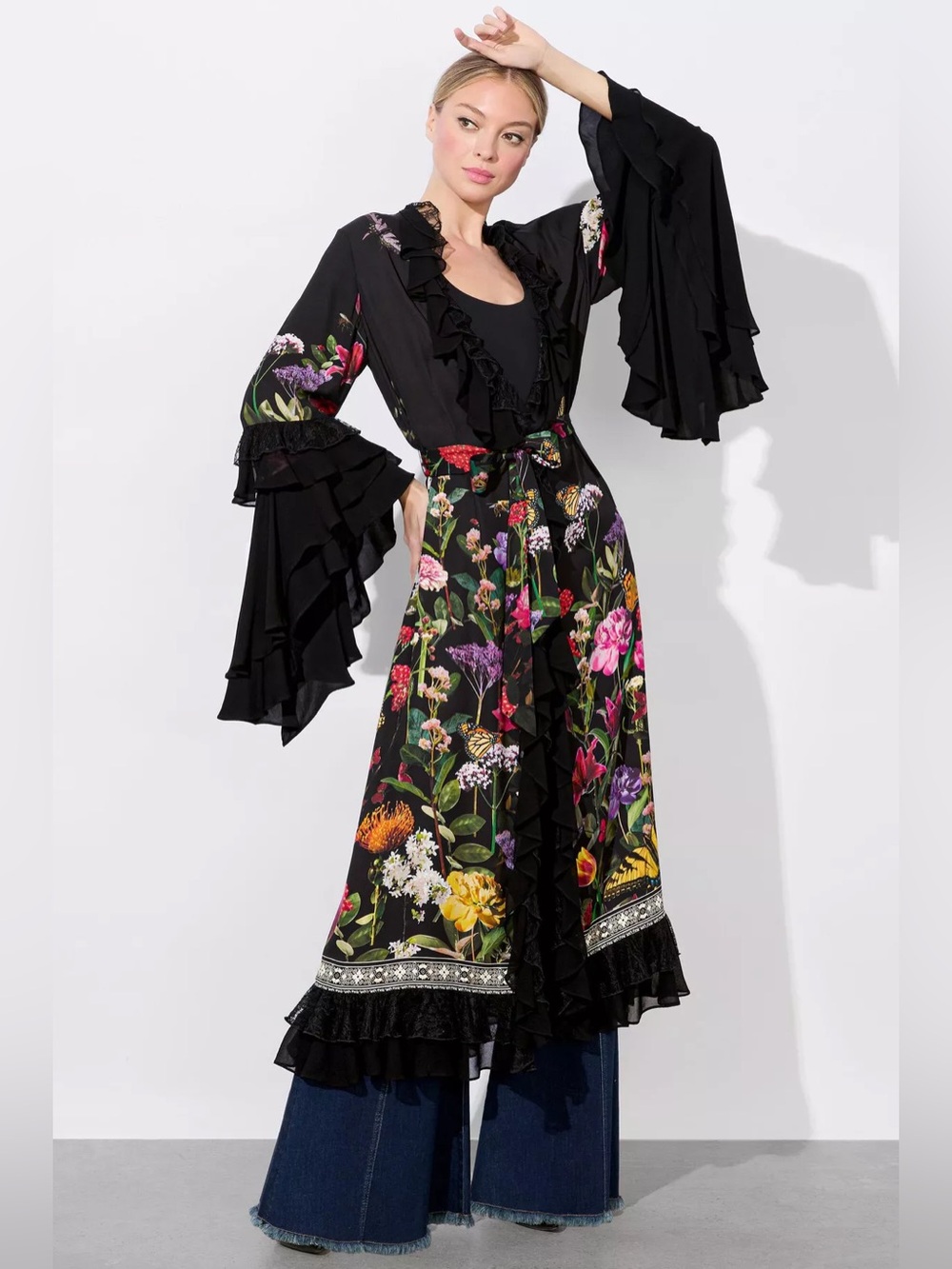 NWT $895 Alice + Olivia Adalia Floral Butterflies Maxi Robe Sz Small